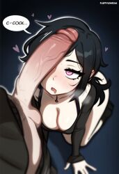 1boy 1girl all_fours andrew_graves artist_name ashley_graves black_hair blush breasts brother_and_sister english_text erection fluffylewdsai heart hetero highres imminent_fellatio incest large_breasts looking_at_penis open_mouth penis penis_awe pink_eyes siblings speech_bubble sweat testicles the_coffin_of_andy_and_leyley uncensored veins veiny_penis