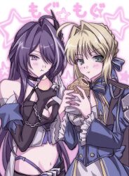 Rule 34 | 2girls, acheron (honkai: star rail), ahoge, artoria pendragon (fate), black gloves, blonde hair, blue dress, breasts, cleavage, commentary request, crop top, crossover, dress, eating, elbow gloves, fate/stay night, fate (series), food, food in mouth, fruit, gloves, highres, holding, holding food, holding fruit, honkai: star rail, honkai (series), l0ver t t, large breasts, long hair, midriff, multiple girls, navel, panties, panty straps, peach, purple eyes, purple hair, purple panties, saber (fate), saber (honkai: star rail) (fate), short hair, underwear, very long hair