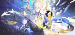 5boys absurdres age_progression alternate_form antenna_hair armor asymmetrical_wings black_choker black_gloves black_shirt black_wings blonde_hair blue_cape blue_eyes cape choker commentary cracked_skin english_commentary fingerless_gloves gloves grey_shirt hair_between_eyes halo halo_behind_head highres holding holding_paper honkai:_star_rail honkai_(series) looking_to_the_side male_focus material_growth multiple_boys paper parted_bangs parted_lips pauldrons phainon_(a_dream_scented_in_wheat)_(honkai:_star_rail) phainon_(honkai:_star_rail) portrait renjian_shilian shirt short_hair short_sleeves shoulder_armor single_pauldron time_paradox torn_clothes torn_shirt wheat_field white_hair wings yellow_blood yellow_eyes yellow_wings