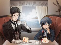 2boys absurdres age_difference bishounen black_hair black_suit blue_eyes blue_hair blush bow butler ciel_phantomhive closed_mouth earrings eyepatch formal_clothes gloves hair_between_eyes highres jewelry kuroshitsuji long_sleeves male_focus multiple_boys onii-shota ouji_fashion sebastian_michaelis shirt short_hair smile suit uneasywolf victorian