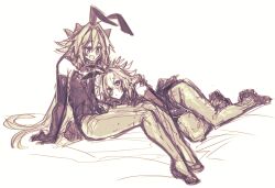 Rule 34 | 2boys, androgynous, animal ears, astolfo (fate), black leotard, blush, elbow gloves, fang, fate/apocrypha, fate (series), gloves, haoro, hug, leotard, male focus, male playboy bunny, messy hair, monochrome, multicolored hair, multiple boys, open mouth, rabbit ears, sieg (fate), simple background, sketch, skin fang, smile, streaked hair, white background, yaoi
