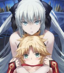 2girls bandeau bare_shoulders black_bow blonde_hair blue_eyes blush bow braid breasts detached_sleeves fate/apocrypha fate/grand_order fate_(series) green_eyes grey_hair hair_bow half_up_braid large_breasts long_hair looking_at_viewer mordred_(fate) mordred_(fate/apocrypha) morgan_le_fay_(fate) mother_and_daughter multiple_girls parted_bangs ponytail small_breasts tonee very_long_hair