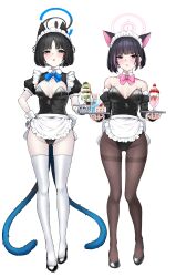 2girls absurdres animal_ears apron black_hair black_leotard blue_archive blue_halo blunt_bangs blush breasts cat_ears cat_tail colored_inner_hair detached_sleeves full_body grey_hair halo high_heels highleg highres kazusa_(blue_archive) kikyou_(blue_archive) leotard looking_at_viewer maid_apron maid_headdress male_focus medium_breasts multicolored_hair multiple_girls nichijou_(nichijoutouhou) pantyhose pink_eyes pink_hair pink_halo playboy_bunny short_hair simple_background tail thighs white_background