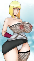 Rule 34 | 1girl, absurdres, arms behind back, asymmetrical legwear, blue eyes, bowl cut, breasts, cleft of venus, closed mouth, curvy, fishnet thighhighs, fishnet top, fishnets, highres, hime cut, huge breasts, looking at viewer, mismatched legwear, naruto (series), naruto shippuuden, no bra, samui (naruto), see-through clothes, see-through shirt, shirt, sonson-sensei, standing, thighhighs
