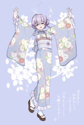 1girl alternate_costume alternate_hairstyle atsuko_(blue_archive) blue_archive blue_kimono closed_eyes commentary flower full_body furisode hair_bun halo highres ichimiya_(yuzuyuzu) japanese_clothes kimono obi okobo open_mouth platform_sandals print_kimono purple_background purple_hair sandals sash single_side_bun smile socks solo sparkle tabi translated white_socks wide_sleeves