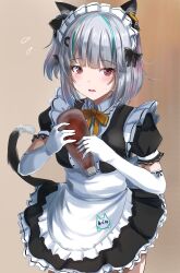 1girl admi_(nikke) alternate_costume animal_ears apron black_bow black_dress blunt_bangs blush bottle bow bowtie breasts c-wing cat_ears cat_tail character_name collared_dress cowboy_shot dress elbow_gloves flying_sweatdrops frilled_apron frilled_dress frills gloves goddess_of_victory:_nikke green_hair grey_hair hair_bow hair_ornament headgear highres holding holding_bottle looking_at_viewer maid maid_apron maid_headdress medium_breasts multicolored_hair name_tag one_side_up open_mouth pink_eyes puffy_short_sleeves puffy_sleeves short_dress short_sleeves simple_background standing streaked_hair sweat tail waist_apron white_apron white_gloves yellow_bow yellow_bowtie