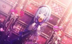 1girl against_wall black_sash blue_eyes blunt_bangs bob_cut bow box buttons candle_no_kaori_wa_omoide_to_tomo_ni_(project_sekai) chain colorful_palette covering_own_mouth dress dutch_angle earrings food frilled_shirt_collar frills gem gloves hairband heart heart-shaped_box highres holding holding_box jewelry long_hair long_sleeves looking_at_viewer medium_hair official_art pearl_(gemstone) project_sekai puffy_long_sleeves puffy_sleeves purple_dress purple_gloves purple_hairband sash sidelocks solo sparkle third-party_source waffle white_bow white_hair yoisaki_kanade