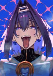 1girl absurdres blue_bow blue_eyes blue_gemstone blue_hair bow bow_earrings chain chain_headband earrings erasorpepero fangs gem heart heart-shaped_gem heart-shaped_pupils highres hololive hololive_english jewelry looking_at_viewer open_mouth ouro_kronii ouro_kronii_(1st_costume) solo symbol-shaped_pupils teeth tongue tongue_out virtual_youtuber