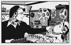 1boy brian_eno cassette_tape greyscale grin guitar headphones highres holding holding_guitar holding_instrument indoors instrument long_hair long_sleeves monochrome parted_lips peanuts_(comic) real_life schumisnoopy shelf smile snoopy