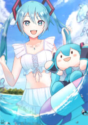1girl :d absurdres aqua_eyes aqua_hair aqua_nails arm_tattoo bare_arms beach bikini breasts character_doll chiseru_01 collarbone commentary_request cross-laced_bikini cross-laced_clothes day frilled_bikini frills hair_between_eyes hair_lift hair_ornament hands_up hatsune_miku heart heart_in_eye highres innertube jewelry long_hair looking_at_viewer navel necklace number_tattoo open_mouth reflection ribbon sidelocks signature simple_bird small_breasts smile solo swim_ring swimsuit symbol_in_eye tattoo teeth tree twintails upper_teeth_only very_long_hair vocaloid wading water_drop white_bikini white_ribbon