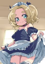 1girl apron bare_shoulders blonde_hair blue_choker blue_dress blue_eyes blue_ribbon blue_sleeves choker closed_mouth clothes_lift collarbone cowboy_shot cream_pie_(nijiura_maids) croixsan detached_sleeves dress dress_lift flat_chest futaba_channel hair_ribbon heart heart_choker indoors legs_together lifting_own_clothes maid maid_headdress nijiura_maids puffy_short_sleeves puffy_sleeves ribbon short_hair short_sleeves smile solo split_mouth standing thick_eyebrows waist_apron white_apron window