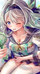 1girl black_hairband black_ribbon blue_pupils blush bow bowtie breasts cleavage collared_shirt firefly_(honkai:_star_rail) firefly_(spring_missive)_(honkai:_star_rail) gradient_eyes green_bow green_bowtie grey_hair grey_sailor_collar grey_skirt hair_between_eyes hair_intakes hair_ornament hair_ribbon hairband hand_fan handheld_electric_fan highres honkai:_star_rail honkai_(series) large_breasts long_hair multicolored_eyes one_eye_closed open_mouth plaid_bow plaid_bowtie plaid_clothes pleated_skirt ribbon sailor_collar shirt skirt smile solo sweatdrop thighhighs tomoe_(pixiv_53856103) twitter_username two-tone_eyes white_shirt white_thighhighs