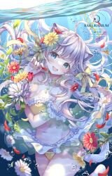 1girl animal_ears bare_shoulders bikini blue_eyes blush bow breasts cat cleavage flower frilled_bikini frills grey_hair hair_bow hair_ornament highres jewelry large_breasts long_hair looking_at_viewer medium_breasts navel necklace open_mouth original sakura_moyon smile solo stomach swimsuit underwater very_long_hair water white_hair yellow_bikini