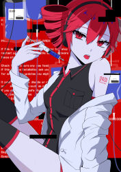 Rule 34 | 1girl, absurdres, black shirt, black thighhighs, coat, drill hair, highres, holding, holding syringe, intravenous drip, kasane teto, lab coat, looking at viewer, looking to the side, norimi (01norimi28), open clothes, open coat, pale skin, red background, red eyes, red hair, shirt, single off shoulder, sitting, sleeveless, sleeveless shirt, solo, syringe, thighhighs, twin drills, utau