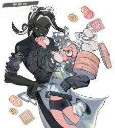 1boy 1girl 99933g apron steamed_bun bike_shorts black_hair black_skin colored_skin commentary_request eyebrow_cut feeding food grey_hair inkling inkling_girl inkling_player_character jacket kamaboko korean_commentary medium_hair narutomaki navel nintendo octoling octoling_boy octoling_player_character one_eye_closed open_mouth simple_background splatoon_(series) teeth tentacle_hair thick_eyebrows translation_request white_apron white_background white_jacket