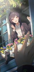 Rule 34 | 1boy, 1girl, black hair, blush, brown jacket, cat, commentary request, highres, idolmaster, idolmaster shiny colors, jacket, long hair, looking at viewer, morino rinze, niac, open mouth, pov, red eyes, shirt, sidelocks, waving, white shirt