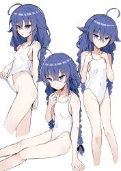 1girl absurdres ahoge bare_arms bare_shoulders blue_eyes blue_hair braid breasts closed_mouth clothes_lift collarbone commentary covered_navel cropped_legs english_commentary feet_out_of_frame groin hair_between_eyes hair_flaps hands_up highleg highleg_one-piece_swimsuit highres lifting_own_clothes long_hair low_twintails multiple_views mushoku_tensei nakatokung navel one-piece_swimsuit outline parted_lips roxy_migurdia simple_background sitting small_breasts smile standing swimsuit swimsuit_lift twin_braids twintails very_long_hair white_background white_outline