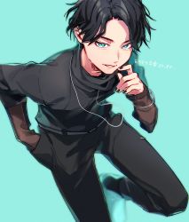 1boy aam09212 aqua_background aqua_eyes black_hair black_nails black_pants black_shirt ear_piercing earrings finger_to_mouth goth_fashion hand_in_pocket highres holding jewelry kagero_(kamen_rider_revice) kamen_rider kamen_rider_revice male_focus nail_polish necklace outside_border pants piercing ring running shirt short_hair single_earring villain_pose
