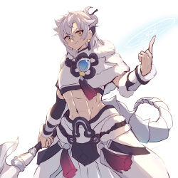 1boy abs absurdres arm_warmers black_arm_warmers capelet commentary_request cowboy_shot crop_top cropped_shirt dragon_boy dragon_tail dragon_tale_lucias duel_monster ear_covers earrings eastern_dragon_tail fur-trimmed_capelet fur_trim groin hair_between_eyes hair_bun hair_ornament hair_stick hakama hakama_pants highres holding holding_staff index_finger_raised japanese_clothes jewelry kanzakietc long_hair looking_at_viewer male_focus midriff navel pants shirt short_sleeves sidelocks simple_background single_arm_warmer smile solo staff standing tail tassel tassel_earrings white_background white_capelet white_hakama white_shirt yellow_eyes yu-gi-oh!
