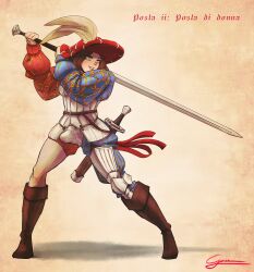 1girl absurdres armor blue_eyes boots borrowed_character breastplate brown_boots brown_hair codpiece drunkonishuten hat highres holding holding_behind_back holding_sword holding_sword_behind_back holding_weapon holding_weapon_behind_back katzbalger landsknecht landsknecht_(ironlily) long_sleeves original puffy_long_sleeves puffy_sleeves smile solo sword weapon
