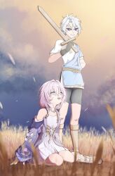 1boy 1girl adalandairis black_gloves black_shorts blue_eyes breasts coat cyrene_(honkai:_star_rail) dress gloves gradient_sky hashtag-only_commentary highres holding holding_sword holding_weapon honkai:_star_rail honkai_(series) medium_hair multicolored_hair outdoors phainon_(honkai:_star_rail) pink_hair purple_coat sandals shirt short_hair shorts sitting sky small_breasts sword toes two-tone_hair wariza weapon wheat wheat_field white_dress white_hair white_shirt wooden_sword