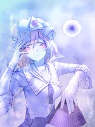 1girl absurdres blue_hat breasts center_frills closed_mouth collarbone commentary english_commentary frills hand_fan hat highres holding holding_fan kalejdodatabase long_sleeves looking_at_viewer medium_breasts mob_cap neck_ribbon paper_fan pink_eyes pink_hair purple_background purple_theme ribbon saigyouji_yuyuko solo taur touhou triangular_headpiece upper_body wide_sleeves