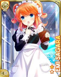 1girl :o apron black_dress black_neckwear blue_eyes book bow breasts character_name collared_dress day dress girlfriend_(kari) hair_bow long_sleeves looking_at_viewer maid maid_apron maid_headdress mansion medium_hair official_art open_mouth orange_hair outdoors qp:flapper ribbon sagara_emi solo standing tagme two_side_up white_apron white_bow