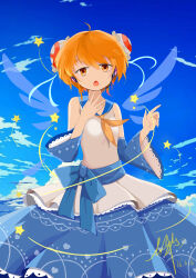 1girl absurdres acfun acfun_girl artist_name bare_shoulders blue_sailor_collar blue_skirt blue_sky blue_sleeves bun_cover chinese_commentary cloud cloudy_sky commentary_request dated detached_sleeves detached_wings double_bun energy_wings hair_bun hands_up highres long_skirt neckerchief open_mouth orange_eyes orange_hair sailor_collar shirt short_hair signature skirt sky sleeveless sleeveless_shirt solo star_(symbol) transparent_wings triangle_mouth upper_body white_shirt wings yellow_neckerchief yunshi_tiankeng