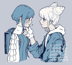 2girls 70_(nnjp_70) backpack bag blue_hair blunt_bangs blush closed_mouth collared_shirt commentary_request cone_hair_bun cropped_torso double_bun flying_sweatdrops frilled_shirt frills from_side fukurai_azami gloves grey_background hair_bun hand_on_another&#039;s_chin hand_up highres hood hood_down jasmine_(toshi_densetsu_kaitai_center) long_sleeves looking_at_another monochrome multiple_girls partially_fingerless_gloves profile shirt short_hair simple_background smile toshi_densetsu_kaitai_center upper_body