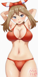 1girl absurdres alternate_breast_size armpits arms_behind_head artist_logo bikini breasts brown_hair cleavage commentary_request cowboy_shot creatures_(company) game_freak grey_eyes hairband highres large_breasts light_blush logo looking_at_viewer maho_(corotonton5150) may_(pokemon) medium_hair navel nintendo open_mouth pokemon pokemon_oras red_bikini red_hairband simple_background smile solo stomach sweat swimsuit white_background