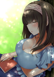 1girl against_tree arm_under_breasts black_hair blue_shirt blue_skirt blush book book_on_lap breasts cleavage closed_eyes collarbone cowboy_shot frilled_shirt_collar frilled_sleeves frills from_side hairband hand_on_book idolmaster idolmaster_cinderella_girls jewelry large_breasts long_hair necklace parted_lips ryuki_(ryukisukune) sagisawa_fumika shirt short_sleeves sitting skirt sleeping solo tree