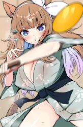1girl :o akizuki_shigure almond_eye_(umamusume) alternate_costume animal_ears ball blue_eyes blue_hair breasts brown_hair cleavage colored_inner_hair commentary_request fingernails hair_ornament hairband hairclip highres holding holding_table_tennis_paddle horse_ears horse_girl japanese_clothes kimono large_breasts long_hair multicolored_hair paddle pink_hair solo sparkling_eyes sweat table_tennis table_tennis_ball table_tennis_paddle thighs umamusume white_hairband yukata