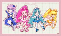 Rule 34 | 4girls, absurdly long hair, ankle flower, anklet, aqua eyes, aqua flower, aqua hair, asymmetrical gloves, beads, black bow, blonde hair, blue boots, blue bow, blue bowtie, blue choker, blue flower, blue gloves, blue ribbon, blue rose, blue skirt, blue thighhighs, blue wrist cuffs, boots, border, bottle, bow, bow choker, bowtie, bright pupils, brooch, center frills, choker, clenched hand, closed mouth, cropped shirt, cure blossom, cure marine, cure moonlight, cure sunshine, deformed, dot nose, dotted line, dress, earrings, elbow gloves, expressionless, eyelashes, eyes visible through hair, flower, flower brooch, flower dress, flower earrings, flower skirt, footwear bow, footwear flower, frilled dress, frilled gloves, frilled sleeves, frilled wrist cuffs, frills, full body, gloves, green brooch, grey background, grey boots, grey dress, grid background, grin, hair beads, hair between eyes, hair bow, hair flower, hair ornament, hair ribbon, hanasaki tsubomi, hand up, happy, heart, heart brooch, heart hair ornament, heartcatch precure!, high heel boots, high heels, high ponytail, highres, jewelry, knee boots, kurumi erika, lace-up boots, leg up, long dress, long hair, long sidelocks, long skirt, looking at viewer, magical girl, midriff, miniskirt, mismatched gloves, multiple girls, myoudouin itsuki, navel, offering hand, open mouth, orange bow, orange bowtie, orange choker, orange skirt, outline, outstretched hand, parted bangs, parted lips, pink bag, pink border, pink bow, pink bowtie, pink eyes, pink flower, pink hair, pleated skirt, ponytail, precure, puffy short sleeves, puffy sleeves, purple eyes, purple hair, red choker, ribbon, ringlets, rose, shirt, short dress, short sleeves, sidelocks, signature, single elbow glove, skirt, skirt under dress, sleeveless, sleeveless dress, smile, square neckline, standing, swept bangs, tareme, thighhighs, tsurime, twintails, two-tone skirt, uwded 207, very long hair, waist bag, waist bow, wavy hair, white boots, white dress, white gloves, white outline, white pupils, white shirt, white skirt, white wrist cuffs, wrist bow, wrist cuffs, wrist ribbon, yellow eyes, yellow flower, zettai ryouiki