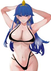Rule 34 | 1girl, absurdres, armpits, arms up, bikini, black bikini, blue eyes, blue hair, earrings, enmimontoria, facial mark, gold, gold hairband, gold headdress, gold headwear, hairband, highres, jewelry, key earrings, long hair, michigami nareko, midriff, navel, simple background, smile, solo, swimsuit, touhou, triangle, triangle facial mark, usekh collar, white background