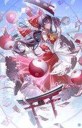 1girl absurdres ascot between_fingers bow brown_hair commentary detached_sleeves frilled_bow frilled_hair_tubes frills hair_bow hair_tubes hakurei_reimu highres holding long_hair looking_at_viewer ofuda ofuda_between_fingers orb red_bow red_eyes red_skirt ribbon-trimmed_sleeves ribbon_trim shoes skirt skirt_set solo tansuan_(ensj3875) torii touhou very_long_hair yellow_ascot yin_yang yin_yang_orb yin_yang_print