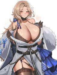 Rule 34 | 1girl, absurdres, bare shoulders, belt, black belt, black bra, black collar, black gloves, black panties, black thighhighs, blue bow, blush, bow, bra, breasts, cameltoe, chinese commentary, cleavage, closed mouth, collar, collarbone, commentary request, cowboy shot, frilled gloves, frilled sleeves, frills, fur-trimmed kimono, fur trim, garter belt, gloves, goddess of victory: nikke, grey kimono, groin, hair bow, half-closed eyes, halterneck, hands up, heavy breathing, high belt, highres, huge breasts, japanese clothes, kimono, kimono pull, light brown hair, long hair, long sleeves, looking at viewer, ludmilla (nikke), ludmilla (winter owner) (nikke), mole, mole on breast, mole under mouth, multiple belts, off shoulder, official alternate costume, panties, parted bangs, pink eyes, pulling own clothes, side slit, simple background, smile, solo, standing, striped bow, sweat, thigh gap, thighhighs, underwear, white background, wide sleeves, yijie xianyu