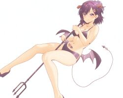 Rule 34 | 1girl, bikini, black bikini, breasts, cleavage, closed mouth, collarbone, demon girl, demon horns, demon tail, demon wings, gabriel dropout, hair ornament, hairclip, highres, hitorilily, holding polearm, holding weapon, horns, looking at viewer, low wings, medium breasts, midriff, navel, polearm, purple eyes, purple hair, short hair, smile, solo, stomach, swimsuit, tail, tattoo, trident, vignette tsukinose april, weapon, white background, wings, x hair ornament