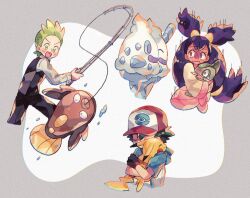 1girl 2boys ^_^ ash_ketchum axew baseball_cap black_gloves blue_sclera cilan_(pokemon) closed_eyes colored_sclera commentary_request cropped_legs dark-skinned_female dark_skin fishing fishing_rod game_freak gen_1_pokemon gen_5_pokemon gloves green_eyes green_hair hat highres holding holding_fishing_rod hug iris_(pokemon) mgomurainu multiple_boys nintendo open_mouth pikachu poke_ball_print pokemon pokemon_(anime) pokemon_(creature) pokemon_bw032 pokemon_bw081 pokemon_bw_(anime) pokephobia print_headwear purple_eyes red_eyes scared short_hair stunfisk tail vanillish