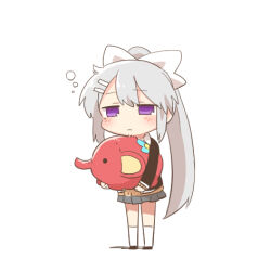 1girl black_jacket black_shoes blazer bow brown_sweater chibi closed_mouth full_body grey_hair grey_skirt hair_between_eyes hair_bow hair_ornament hairclip higuchi_kaede higuchi_kaede_(1st_costume) holding jacket long_hair lowres nijisanji pleated_skirt ponytail purple_eyes rebecca_(keinelove) school_uniform shoes simple_background skirt socks solo standing sweater very_long_hair virtual_youtuber white_background white_bow white_socks