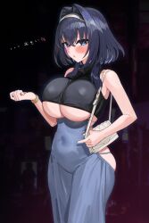 1girl :o absurdres bag blue_eyes blue_hair blush breasts covered_navel curvy dress handbag heart heart-shaped_pupils highres hololive hololive_english large_breasts looking_at_viewer ouro_kronii shio05_(05_sio) short_hair solo symbol-shaped_pupils underboob virtual_youtuber