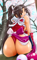 1girl ass black_hair bow fatal_fury female_focus highres huge_ass long_hair looking_back panties ponytail rope shiranui_mai sitting snk solo the_king_of_fighters thong underwear wolfpack