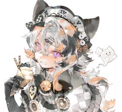 1girl absurdres animal_ears baifeidaiwang bell black_bow black_gloves black_hair bow calico cat_ears closed_mouth commission crepe eating flower food food_on_face ghost gloves grey_hair hair_between_eyes hair_bow hair_ornament hairclip hand_up highres holding holding_crepe holding_food jingle_bell long_hair looking_at_viewer multicolored_hair neck_bell orange_hair original purple_eyes roman_numeral sample_watermark simple_background slit_pupils solo upper_body watermark white_background white_flower