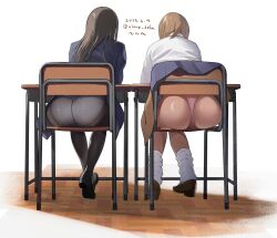 Rule 34 | 2girls, absurdres, accidental exposure, alone belm, ass, black hair, brown hair, chair, clothes lift, dated, desk, from behind, highres, loafers, long hair, loose socks, multiple girls, original, panties, panties under pantyhose, pantyhose, pantyshot, pink panties, school uniform, shoes, short hair, sitting, skirt, skirt lift, socks, twitter username, underwear, wooden floor