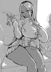 Rule 34 | 1boy, 1girl, bag, breasts, bursting breasts, button gap, cellphone, cellphone charm, charm (object), cleavage, collared shirt, dark-skinned female, dark skin, earrings, greyscale, gyaru, highres, holding, holding phone, huge breasts, jewelry, kogal, long hair, miniskirt, monochrome, nagisamade, original, phone, pleated skirt, school bag, school uniform, shirt, sitting, skirt, smartphone, socks, solo focus, thick thighs, thighs, train interior