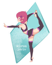 1girl absurdres aisuman artist_name bare_shoulders black_skirt black_sports_bra black_thighhighs blush breasts closed_mouth detached_sleeves diamond-shaped_pupils diamond_(shape) feet female_focus flexible from_side full_body hair_ornament hairclip highres lips loli looking_at_viewer looking_to_the_side original pink_hair pointing pointy_ears profile purple_eyes short_hair sidelocks sideways_glance skirt small_breasts smile solo sports_bra standing standing_on_one_leg stirrup_legwear symbol-shaped_pupils thighhighs thighs tiptoes toeless_legwear toes yoga