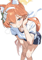 1girl absurdres animal_ear_fluff animal_ears black_shorts blue_archive blue_eyes cat_ears extra_ears feet_out_of_frame flower grin gym_uniform hair_flower hair_ornament hairband halo highres leaning_forward long_hair looking_at_viewer mari_(blue_archive) mari_(track)_(blue_archive) orange_hair q_haoyu shirt short_sleeves shorts simple_background smile solo sweat white_background white_flower white_hairband white_shirt yellow_halo