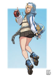 Rule 34 | 1boy, absurdres, artist name, ass, bike shorts, black shorts, blonde hair, blue eyes, blue hoodie, bridget (guilty gear), cirenk, commentary, commission, dated, english commentary, grey skirt, guilty gear, highres, hood, hood up, hoodie, looking at viewer, looking back, shorts, skirt, smile, solo, trap, upskirt