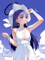 1girl absurdres black_halo blue_archive blue_eyes blue_ribbon blue_sky breasts cloud day dress hair_down halo hat highres long_hair mechanical_halo medium_breasts outdoors painterliuhao purple_hair red_pupils ribbon sky sleeveless sleeveless_dress solo sun_hat sundress very_long_hair white_dress white_hat wrist_ribbon yuuka_(blue_archive)