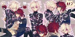 Rule 34 | !?, 2boys, ahoge, arm around neck, black hair, blue eyes, carrying, carrying person, chibi, closed eyes, closed mouth, cum, fire, grey background, hair over one eye, hand up, heterochromia, highres, hug, long sleeves, looking at another, looking at viewer, lying on lap, lying on person, male focus, messy hair, multicolored eyes, multicolored hair, multiple boys, navel, pink eyes, pink fire, red eyes, red hair, shion (hundred line), simple background, smile, speech bubble, sumino takumi, the hundred line -last defense academy-, translation request, white eyes, white hair, yaoi