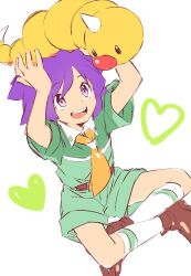 1boy ascot belt brown_belt brown_footwear bugsy_(pokemon) commentary_request gen_1_pokemon green_shirt heart lowres male_focus nintendo open_mouth orange_mikan pokemon pokemon_(creature) pokemon_hgss purple_eyes purple_hair shirt shoes short_sleeves shorts simple_background smile socks weedle white_socks yellow_ascot